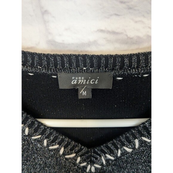 Pure Amici Cotton Silk Blend Black Silver Metallic V-Neck Sweater Size Med - Picture 3 of 9